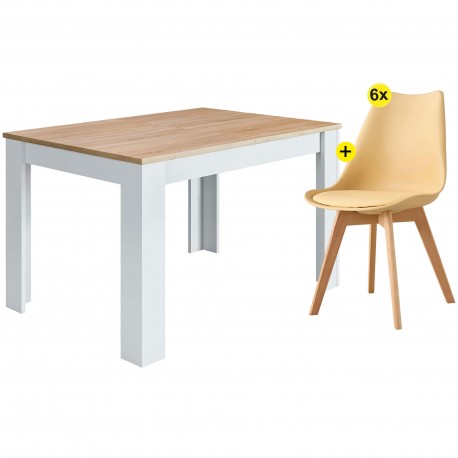 Pack mesa BARCELONA (carvalho e branco) + 4 cadeiras SOPHIE (amarelo) - Table and Chair Sets