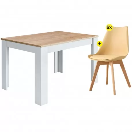 Pack mesa BARCELONA (carvalho e branco) + 6 cadeiras SOPHIE (amarelo)