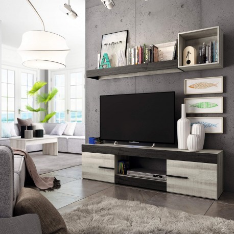 Pack Living Room SIDNEY 1 (Black Ebony and Grey) - TV furniture and shelves