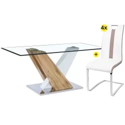Pack mesa PATRICIO II (branco e carvalho) + 4 cadeiras NATALIA II (branco e taupe) - Conjuntos de Mesas e Cadeiras