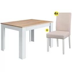 Pack mesa extensível BARCELONA (carvalho e branco) + 4 cadeiras JULLIETE (bege) - Conjuntos de Mesas e Cadeiras