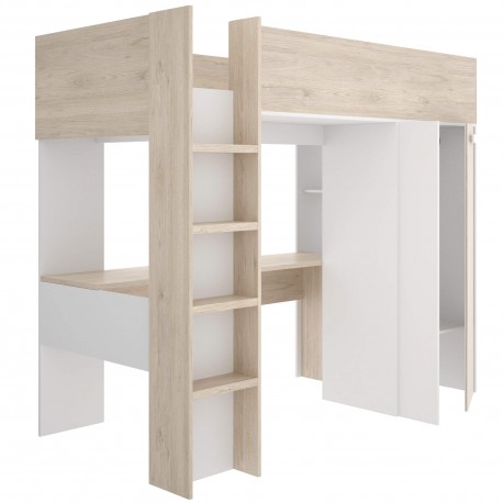 Cama alta reversível GASPAR com secretária e roupeiro - Carvalho e Branco