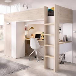 Cama alta reversível GASPAR com secretária e roupeiro - Carvalho e Branco