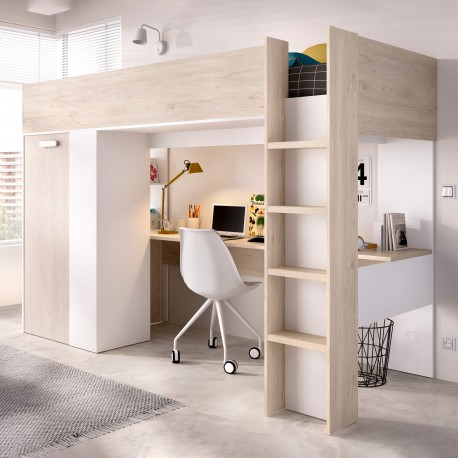 Cama alta reversível GASPAR com secretária e roupeiro - Carvalho e Branco