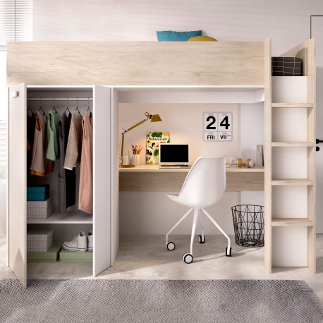 Cama alta reversível GASPAR com secretária e roupeiro - Carvalho e Branco