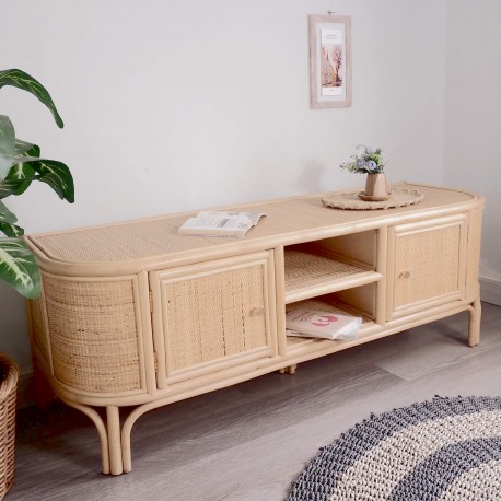 Móvel TV INDO em rattan com 2 portas - Carvalho e Rattan