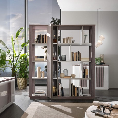 Estante PESARO com 1 porta - Cinzento Brilho e Carvalho Cinza