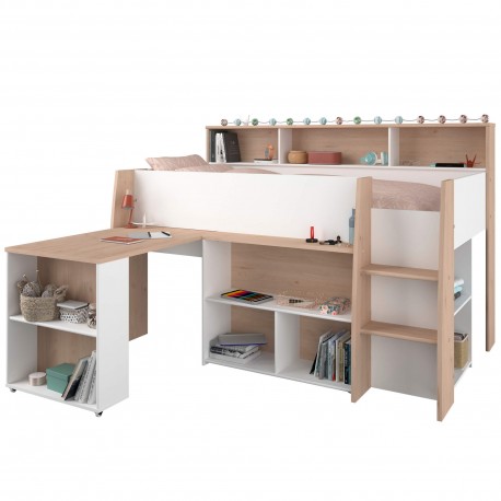 Cama alta LUCAS com secretária - carvalho e branco Cama alta LUCAS com secretária - carvalho e branco