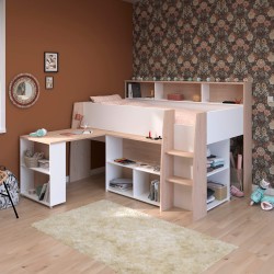 Cama alta LUCAS com secretária - carvalho e branco Cama alta LUCAS com secretária - carvalho e branco