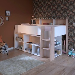Cama alta LUCAS com secretária - carvalho e branco Cama alta LUCAS com secretária - carvalho e branco