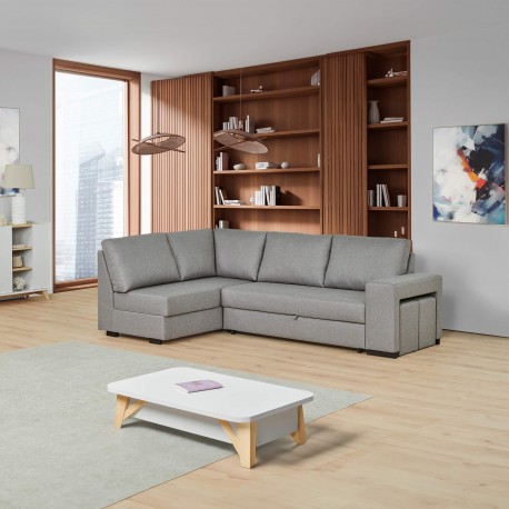 Sofá chaise longue AURORA com cama, poufs e baú - cinzento