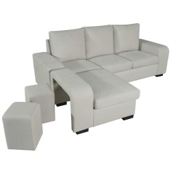 Sofá chaise longue reversível NICOLAS e poufs - bege