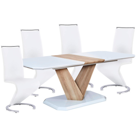 Pack mesa GENOVA + 4 cadeiras ZIGZAG - branco e carvalho Pack mesa GENOVA + 4 cadeiras ZIGZAG - branco e carvalho