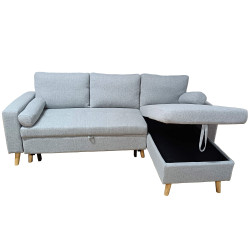 Sofá chaise longue reversível JADE com cama e baú - cinzento claro