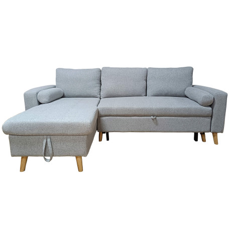 Sofá chaise longue reversível JADE com cama e baú - cinzento claro