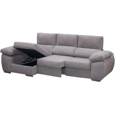 Sofá chaise longue PAMELA com cama e baú - cinzento claro