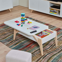 Mesa de centro ALBA com tampo deslizante e baú - Branco Mate e Carvalho