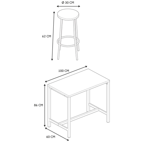 Conjunto de mesa e 4 bancos altos LOKA - carvalho e preto