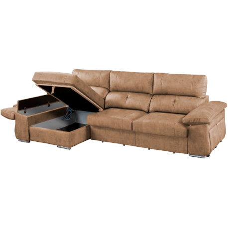 Sofá chaise longue MAGNO com puffs e baú - Edi Camel - Bege Escuro Sofá chaise longue MAGNO com puffs e baú - Edi Camel - Bege Escuro