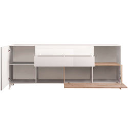 Aparador MONACO com 2 portas e 2 gavetas (241cm) - branco brilho e carvalho