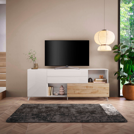 Aparador MONACO com 2 portas e 2 gavetas (241cm) - branco brilho e carvalho