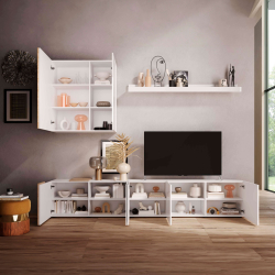 Estante TV VENUS com 3 elementos - Branco Brilho e Carvalho