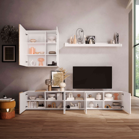 Estante TV VENUS com 3 elementos - Branco Brilho e Carvalho