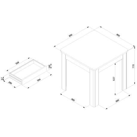 Mesa quadrada OSLO com gaveta - Branco - dimensões