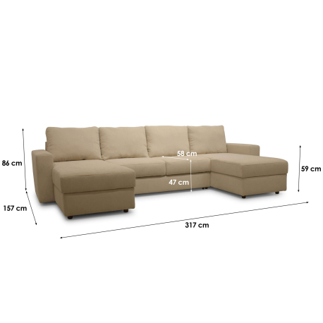 Sofá chaise longue duplo NOBLE com cama e baú - bege