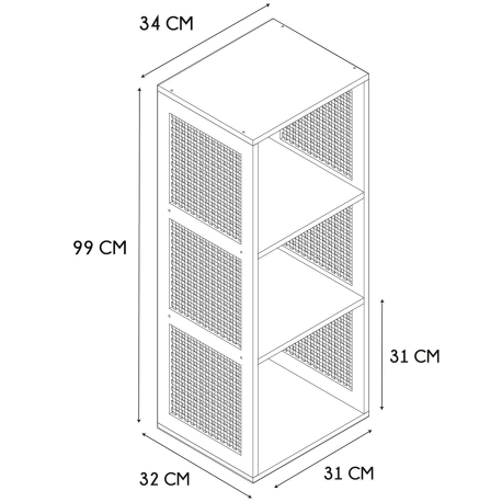 Estante BALI com 3 cubos - carvalho rattan - dimensões