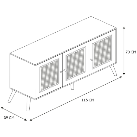 Aparador BALI com 3 portas - carvalho rattan - dimensões