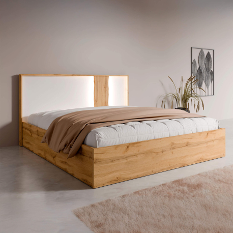 Cama de casal elevatória WOOD - carvalho artesanato e branco brilho Cama de casal elevatória WOOD - carvalho artesanato e branco brilho