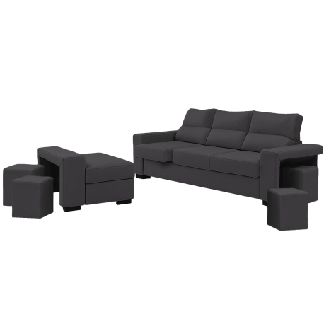 Sofá chaise longue reversível DHARAN com puffs - cinza escuro - dakota 19 Sofá chaise longue reversível DHARAN com puffs - cinza escuro - dakota 19