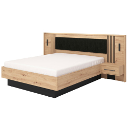 Cama de casal ASCALON com mesa de cabeceira - carvalho artesanato e preto