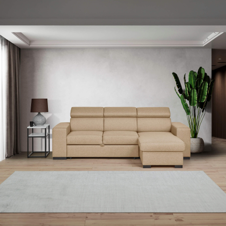 Sofá chaise longue reversivel JORDAN II com cama, baú e puffs - bege Sofá chaise longue reversivel JORDAN II com cama, baú e puffs - bege