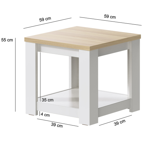 Mesa de apoio FLORENÇA com prateleira - Branco e Carvalho