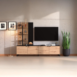 Estante TV MARGATE com 4 portas e 3 prateleiras - Carvalho Artesanato e Preto