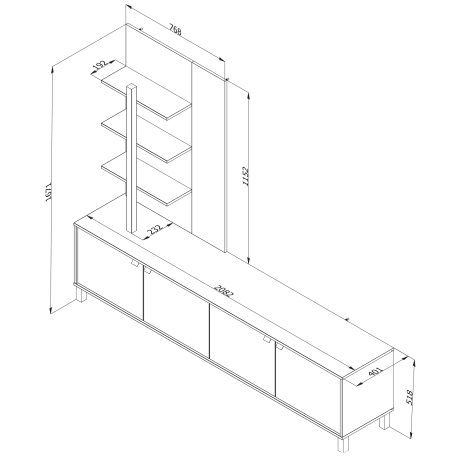 Estante TV MARGATE com 4 portas e 3 prateleiras - Carvalho Artesanato e Preto