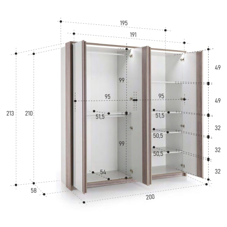Roupeiro PESARO com 4 portas e com LED - Cinza brilho e carvalho cinza Roupeiro PESARO com 4 portas e com LED - Cinza brilho e carvalho cinza