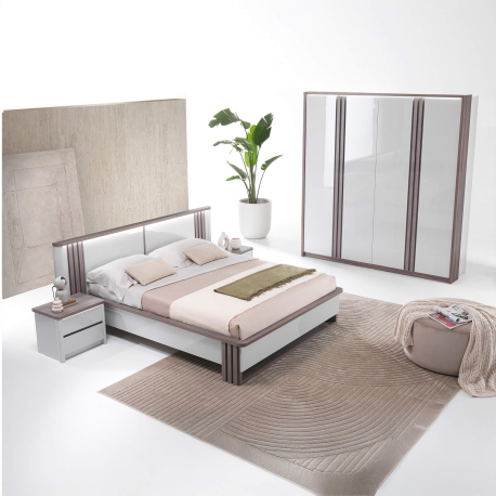 Cama de casal PESARO com LED - Cinza Brilho e Carvalho Cinza