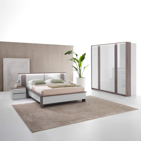 Cama de casal PESARO com LED - Cinza Brilho e Carvalho Cinza