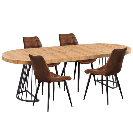 Pack mesa redonda extensível CECILE + 4 cadeiras PRADA - Carvalho Artesanato e Preto Pack mesa redonda extensível CECILE + 4 cadeiras PRADA - Carvalho Artesanato e Preto