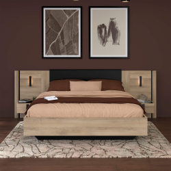 Cama de casal KIERAN - Carvalho e Preto