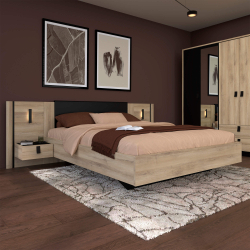 Cama de casal KIERAN - Carvalho e Preto