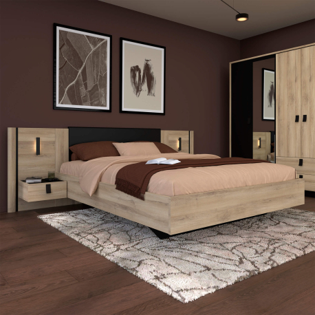 Cama de casal KIERAN - Carvalho e Preto