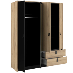 Roupeiro KIERAN com 3 portas e 2 gavetas - Carvalho e Preto