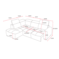 Sofá de Canto LORD com chaise longue- cinzento - medidas Sofá de Canto LORD com chaise longue- cinzento - medidas