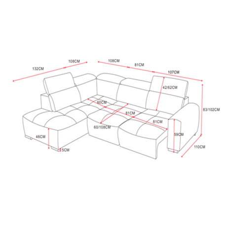 Sofá de Canto LORD com chaise longue- cinzento - medidas Sofá de Canto LORD com chaise longue- cinzento - medidas