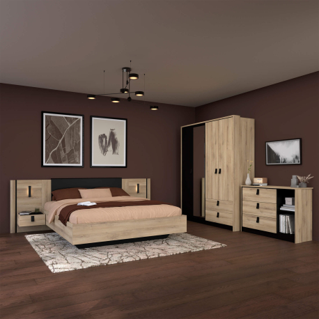 Pack quarto de casal KIERAN - Carvalho e preto Pack quarto de casal KIERAN - Carvalho e preto