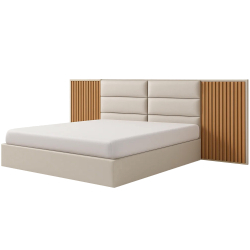 Cama de casal NARTA estofada - Branco Mate e Carvalho